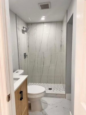 Bathroom, Glass Shower, Interior, Marble, Marble Walls, Recessed Lighting