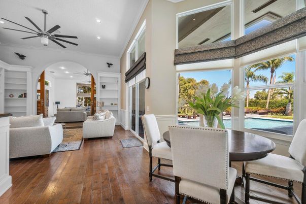 Dining room, Interior, Living room, Recessed Lighting, Wood Texture Flooring