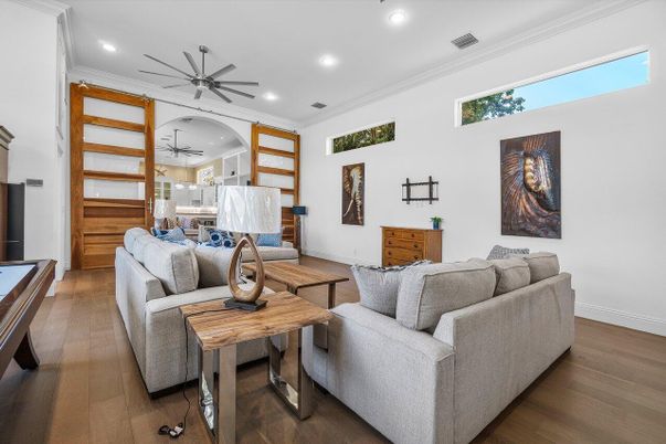 Interior, Living room, Recessed Lighting, Wood Texture Flooring