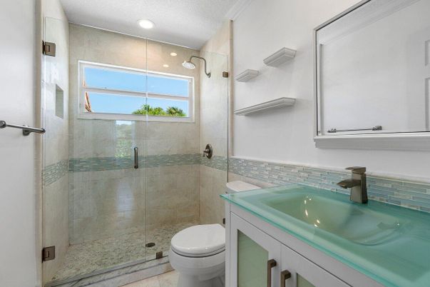 Bathroom, Glass Shower, Interior, Recessed Lighting