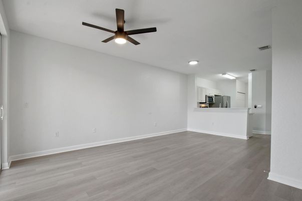 Empty room, Interior, Kitchen, Recessed Lighting, Wood Texture Flooring