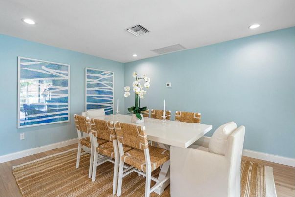 Dining room, Interior, Recessed Lighting, Wood Texture Flooring