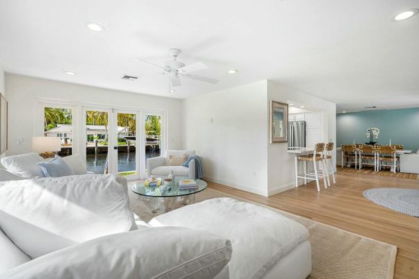 Bedroom, Dining room, Interior, Kitchen, Living room, Recessed Lighting, Water, Wood Texture Flooring