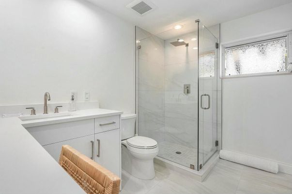 Bathroom, Glass Shower, Interior, Marble Walls, Recessed Lighting