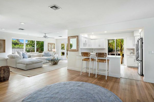 Interior, Kitchen, Living room, Recessed Lighting, Wood Texture Flooring