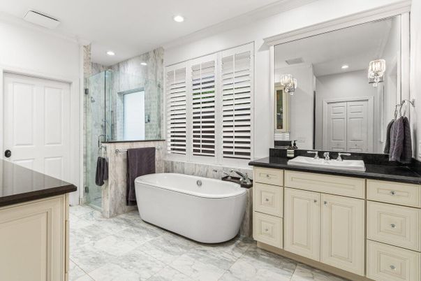 Bathroom, Dual Sink Vanities, Free Standing Baths, Glass Shower, Interior, Marble, Marble Walls, Recessed Lighting