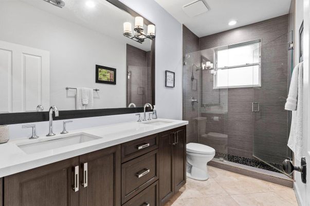 Bathroom, Dual Sink Vanities, Glass Shower, Interior, Recessed Lighting