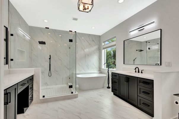 Bathroom, Dual Sink Vanities, Free Standing Baths, Glass Shower, Interior, Marble, Marble Walls, Recessed Lighting