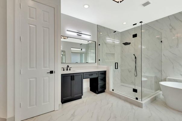 Bathroom, Dual Sink Vanities, Free Standing Baths, Glass Shower, Interior, Marble, Marble Walls, Recessed Lighting
