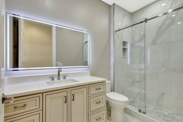 Bathroom, Glass Shower, Interior, Marble Walls, Recessed Lighting