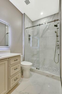 Bathroom, Glass Shower, Interior, Marble, Marble Walls, Recessed Lighting