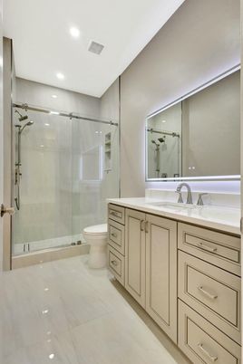 Bathroom, Dual Sink Vanities, Glass Shower, Interior, Recessed Lighting