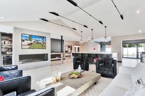 Dining room, Fireplace, Interior, Kitchen, Living room, Pendant Lights, Recessed Lighting