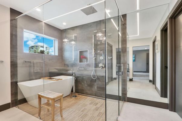 Bathroom, Free Standing Baths, Glass Shower, Interior, Pendant Lights, Recessed Lighting