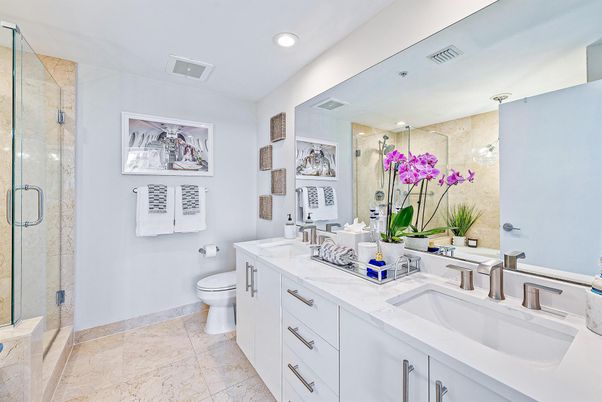 Bathroom, Dual Sink Vanities, Glass Shower, Interior, Recessed Lighting