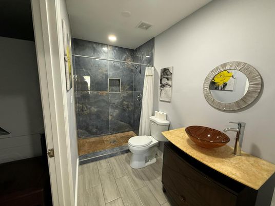Bathroom, Glass Shower, Interior, Recessed Lighting, Wood Texture Flooring