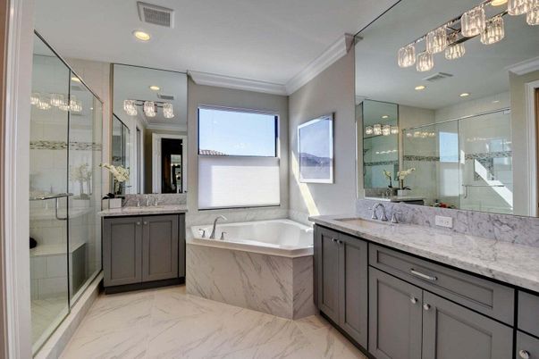 Bathroom, Dual Sink Vanities, Glass Shower, Interior, Marble, Recessed Lighting