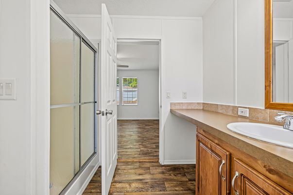 Bathroom, Glass Shower, Interior, Wood Texture Flooring