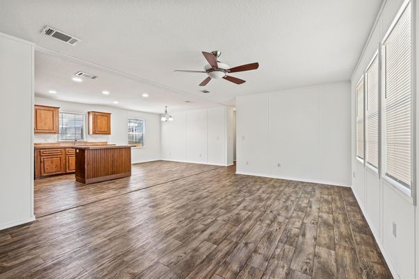 Empty room, Interior, Kitchen, Recessed Lighting, Wood Texture Flooring