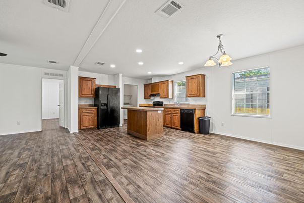 Chandelier, Interior, Kitchen, Recessed Lighting, Wood Texture Flooring