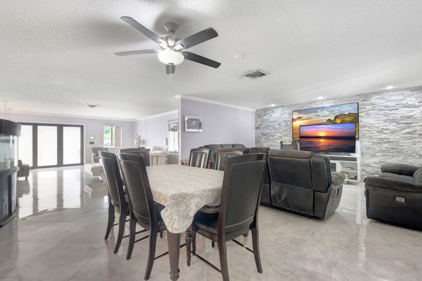 Dining room, Interior, Living room, Recessed Lighting, Stone Walls