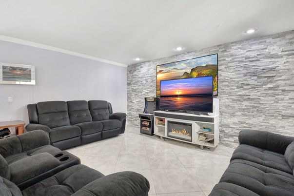 Fireplace, Interior, Living room, Recessed Lighting, Stone Walls