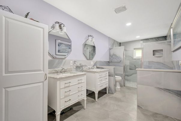 Bathroom, Dual Sink Vanities, Glass Shower, Interior, Recessed Lighting