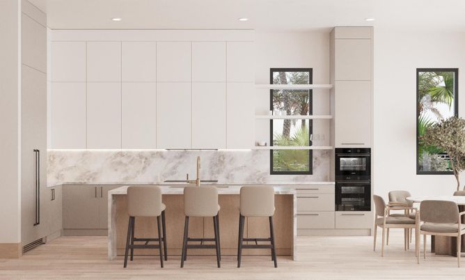Dining room, Interior, Kitchen, Recessed Lighting, Wood Texture Flooring