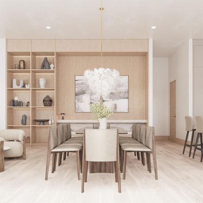 Dining room, Interior, Pendant Lights, Recessed Lighting, Wood Texture Flooring