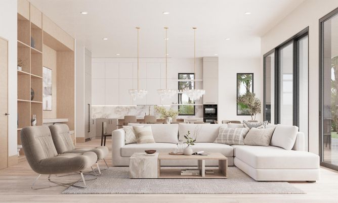 Interior, Living room, Pendant Lights, Recessed Lighting, Wood Texture Flooring