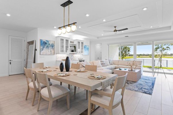 Dining room, Interior, Living room, Pendant Lights, Recessed Lighting, Wood Texture Flooring