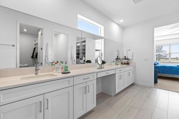 Bathroom, Dual Sink Vanities, Interior, Recessed Lighting, Wood Texture Flooring