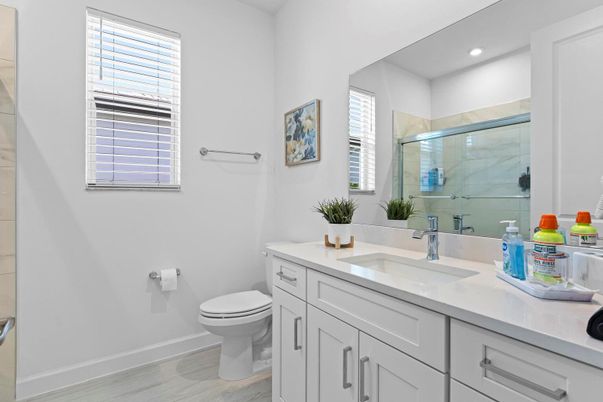 Bathroom, Glass Shower, Interior, Recessed Lighting, Wood Texture Flooring