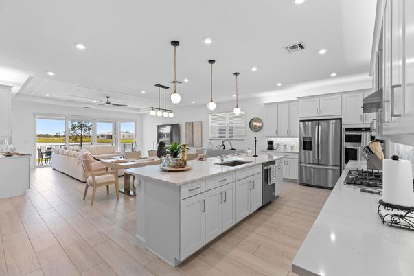 Dining room, Interior, Kitchen, Living room, Pendant Lights, Recessed Lighting, Stainless Steel Appliances, Wood Texture Flooring
