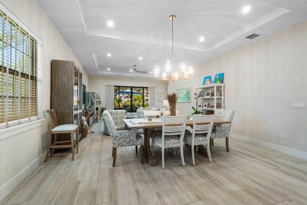 Dining room, Interior, Pendant Lights, Recessed Lighting, Wood Texture Flooring