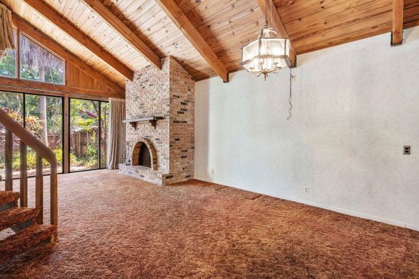 Empty room, Fireplace, Interior, Stone Walls, Wooden Beams, Wooden Ceilings