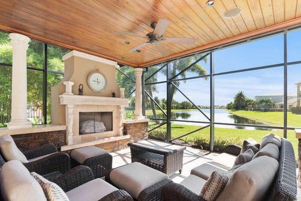 Fireplace, Interior, Living room, Recessed Lighting, Sun Room, Water, Wooden Ceilings