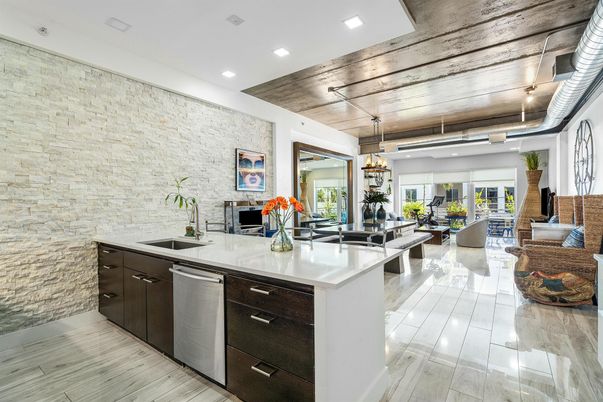 Dining room, Interior, Kitchen, Pendant Lights, Recessed Lighting, Stainless Steel Appliances, Stone Walls, Wooden Ceilings, Wood Texture Flooring