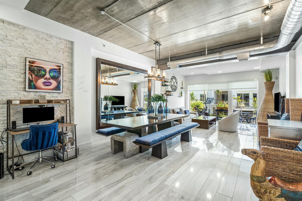 Dining room, Interior, Living room, Pendant Lights, Recessed Lighting, Stone Walls, Wood Texture Flooring