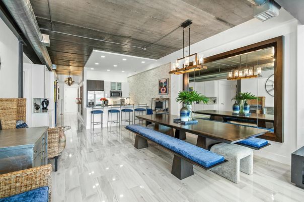 Chandelier, Dining room, Interior, Kitchen, Marble, Pendant Lights, Recessed Lighting, Wooden Ceilings