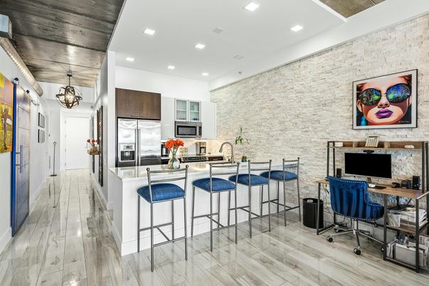 Home Office, Interior, Kitchen, Pendant Lights, Recessed Lighting, Stainless Steel Appliances, Stone Walls, Wooden Ceilings, Wood Texture Flooring