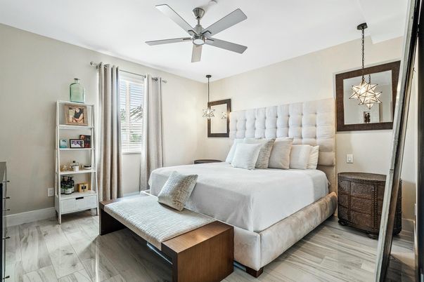 Bedroom, Interior, Pendant Lights, Wood Texture Flooring