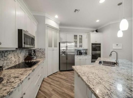 Interior, Kitchen, Pendant Lights, Recessed Lighting, Stainless Steel Appliances, Wood Texture Flooring