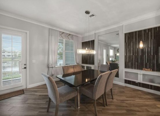 Chandelier, Dining room, Interior, Pendant Lights, Wood Texture Flooring