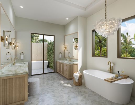 Bathroom, Chandelier, Dual Sink Vanities, Free Standing Baths, Interior, Recessed Lighting