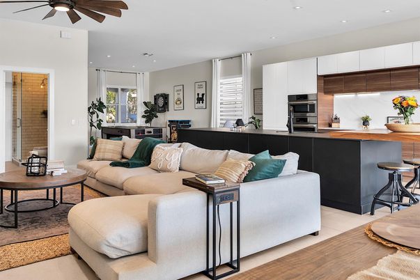 Interior, Kitchen, Living room, Recessed Lighting, Stainless Steel Appliances, Wood Texture Flooring
