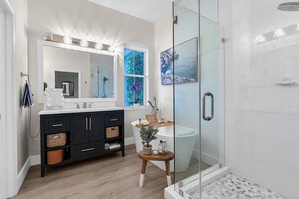 Bathroom, Glass Shower, Interior, Wood Texture Flooring