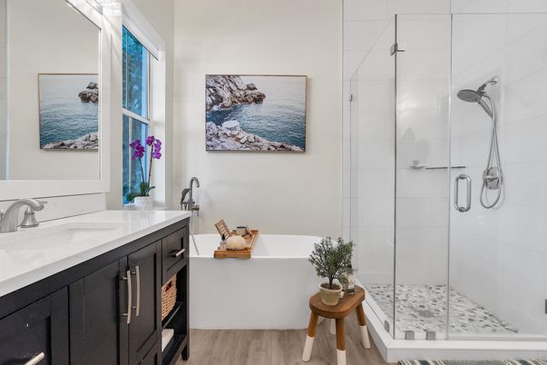 Bathroom, Glass Shower, Interior, Wood Texture Flooring