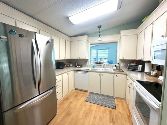 Interior, Kitchen, Pendant Lights, Stainless Steel Appliances, Wood Texture Flooring