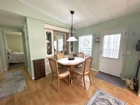 Dining room, Interior, Pendant Lights, Wood Texture Flooring